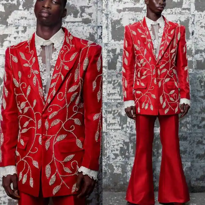 

Beading Wedding Tuxedos Peaked Lapel Single Breasted Men Suit Stylish 2 PCS Jacket Pants Evening Groom Coat Customized