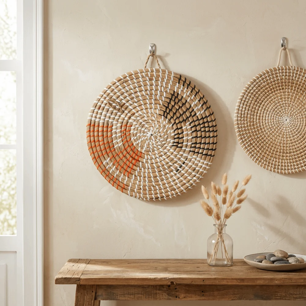 Cane Weave Wall Hanging Basket Wall Mount Round Thickened Kitchen Storage Basket Neutral Color Breathable Hollow Anti-scald Mat