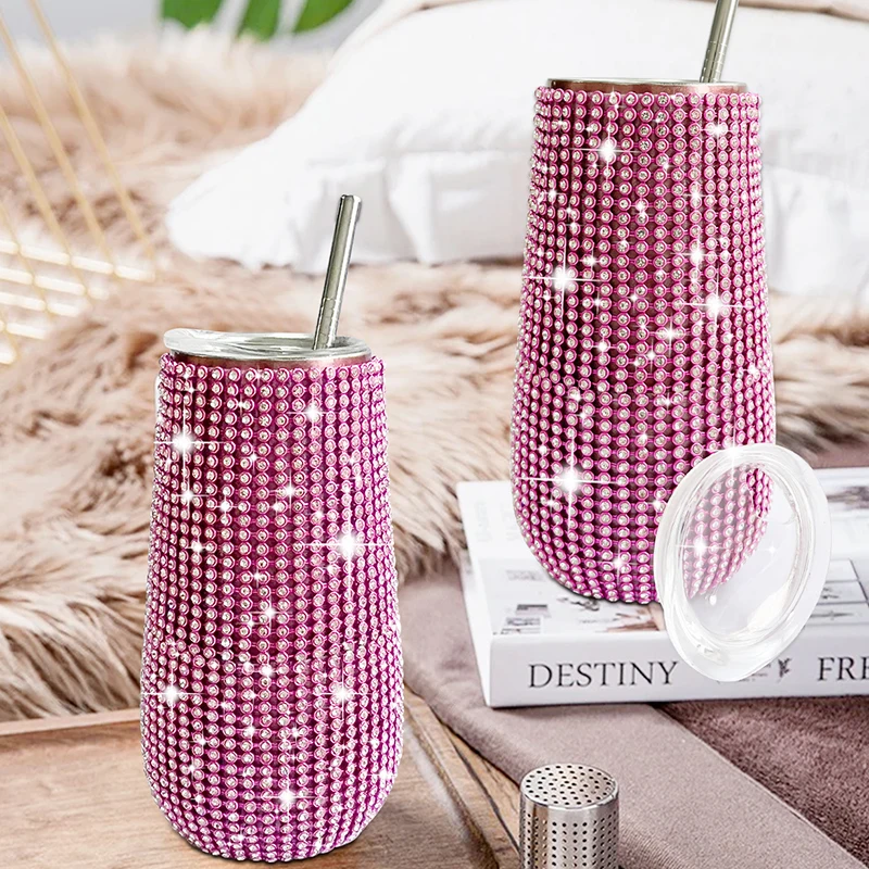 6oz Shiny Diamond Tumbler Wine Cup With Straw Stainless Steel Insulated Vacuum Champagne Cup Party Gifts for Girls