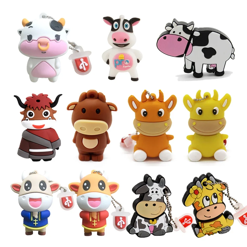 SHANDIAN Cute Cows USB Flash Drives 64GB Cartoon Bull Memory Stick 32GB Creative Gifts for Kids Pen Drive Free Key Usb Stick