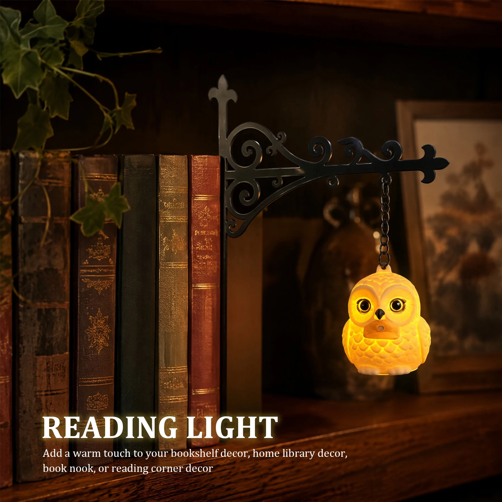 Magic Metal Owl Bookend Lamp Hanging Shelf Night Light Decor for Book Lovers Reading Room