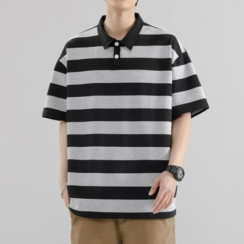 Summer Short Sleeve Striped Polos Shirts Men Anti-Wrink Turn Down Collar Casual Polos Male Sports Tees Couple Tops Streetwear