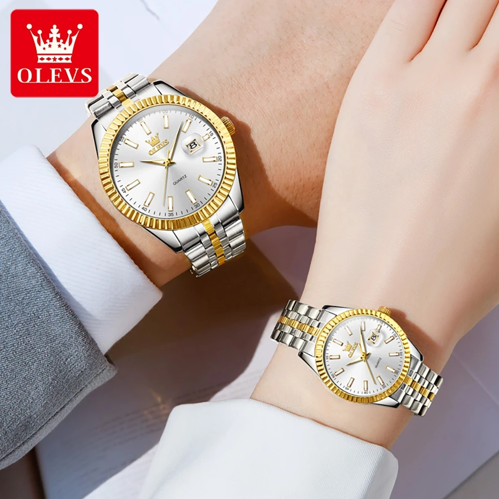 OLEVS-Reloj de pulsera clásico de acero inoxidable para hombre y mujer, cronógrafo Formal de negocios, resistente al agua, para parejas, 5593