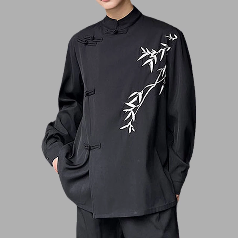 

Fashion Men Chinese Embroidered Bamboo Shirt Plate Buckle Stand Neck Long Sleeve Streetwear Autumn Chic Loose Casual Blouse