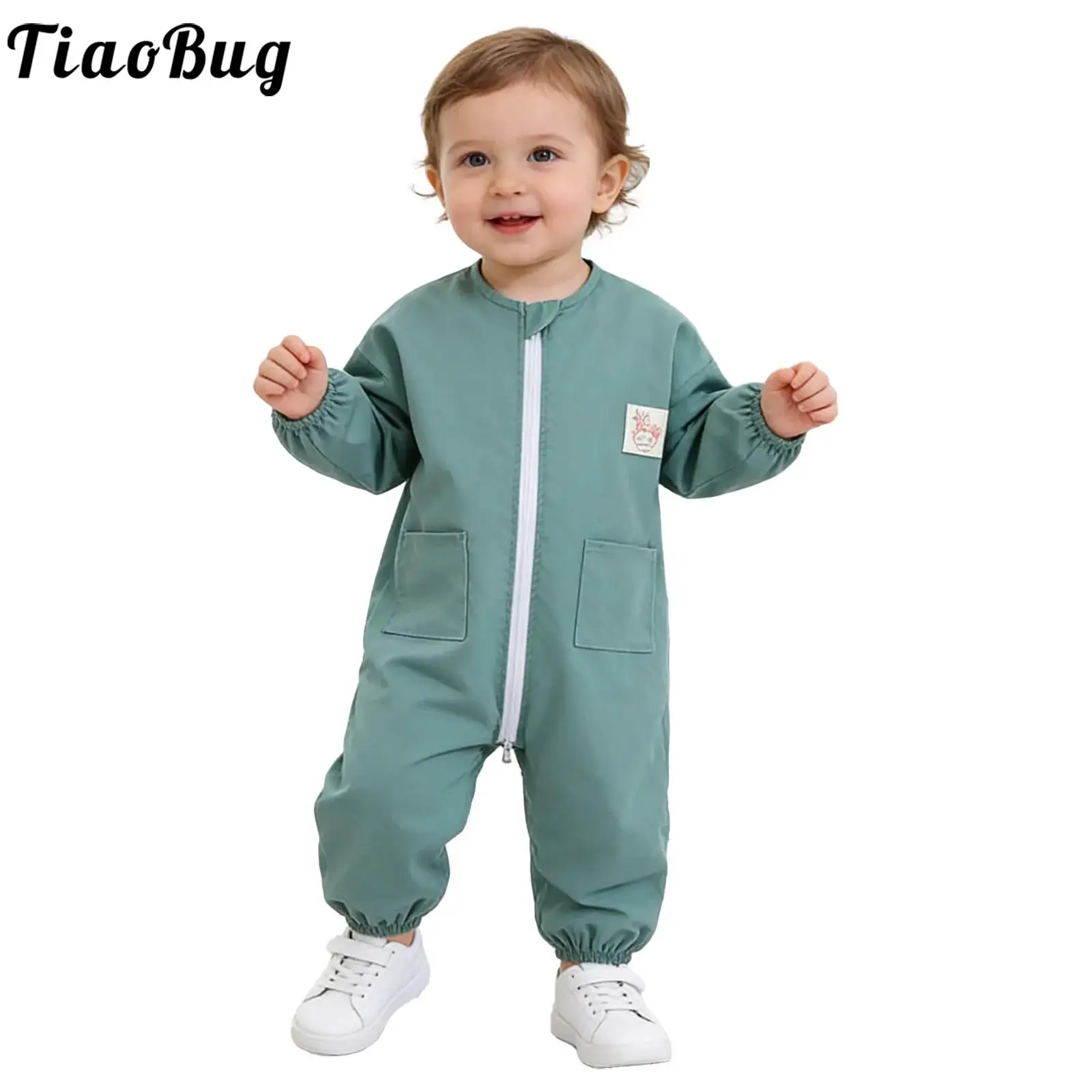 Baby Boys Girls Zipper Rompers Long Sleeve Full-body Coverall Painting Drawing Jumpsuit with Pockets Infant Park Picnic Playsuit