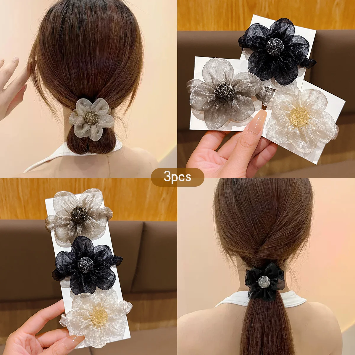 3-bloem haarringen Koreaanse versie zoete wind rubberen band haaraccessoire geschikt voor dagelijks gebruik hoofddeksels