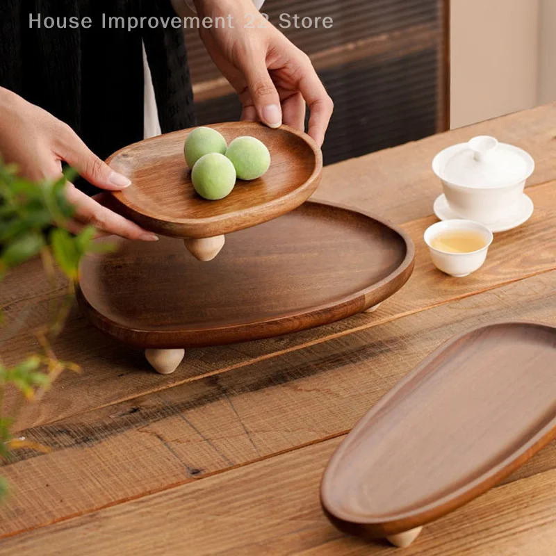 High-Footed Premium Acacia Wood Serving Tray With Feet Irregular Shaped Storage Organizer For Fruits & Snacks Ideal For Home Use