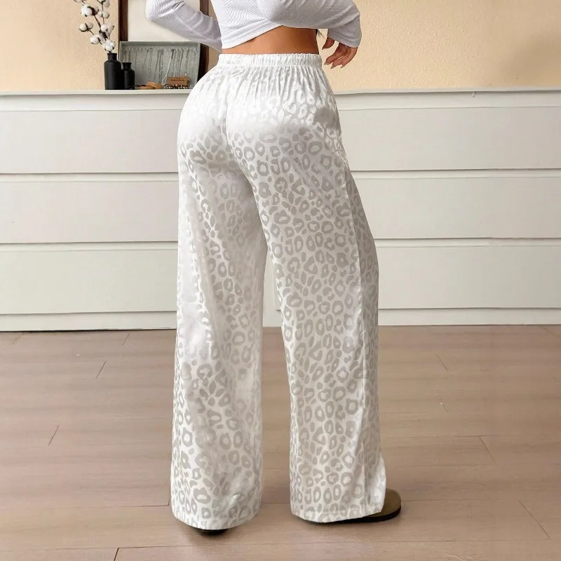 Summer Women Elastic Waist Drawstring Straight Leopard Printed Casual Satin Jacquard Pants Straight Streetwear Wide Leg Pant