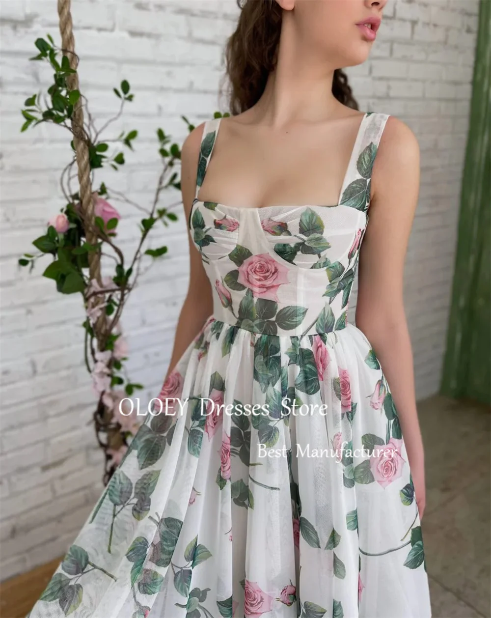 OLOEY Modern Style Floral Prom Dress Square Collar Tea-length Cap Strap Draped Evening Dress Summer Dress Wedding Party Dress