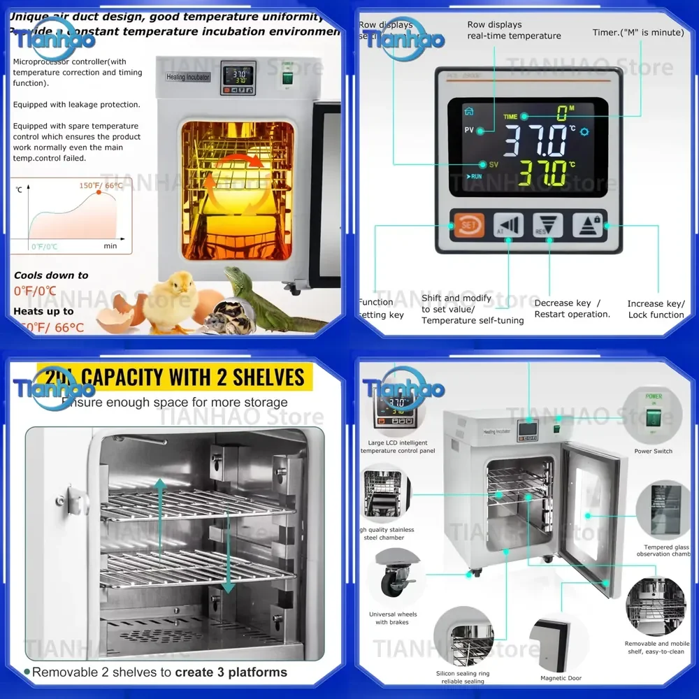Digital Lab Incubator for 18L 20L PID Temperature Control Bacterial Culture Seed Germination Egg Reptile Incubation