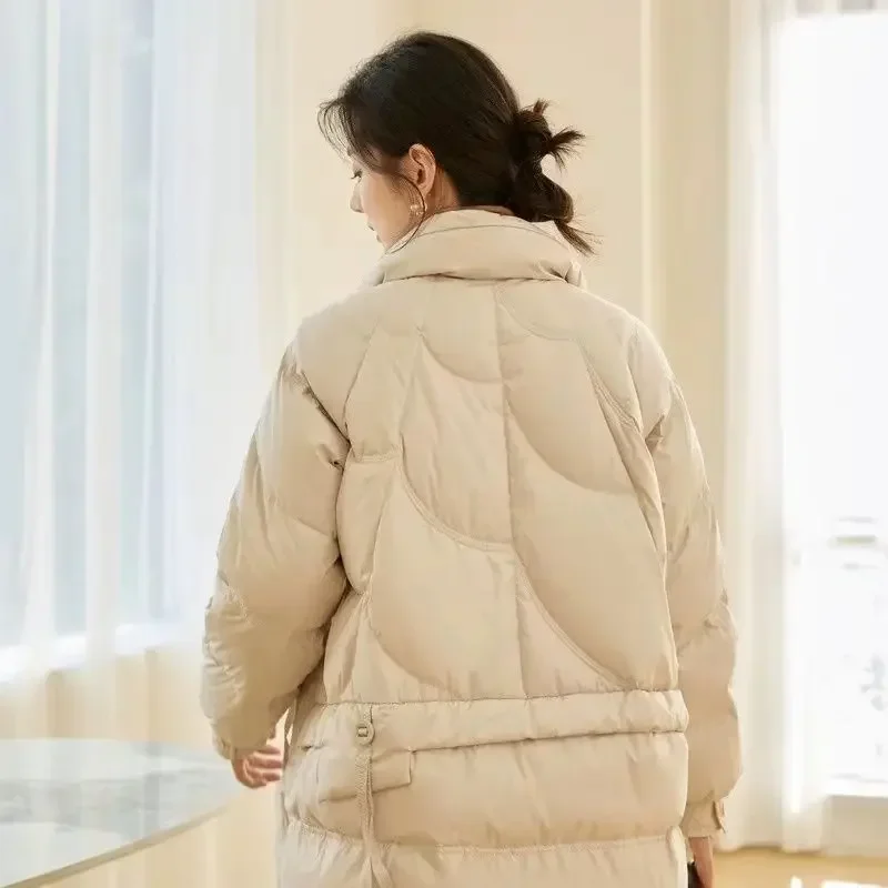 Nowa damska kurtka puchowa na jesień/zimę 2025, luźna, z wysokim kołnierzem, ciepła kurtka do pracy.