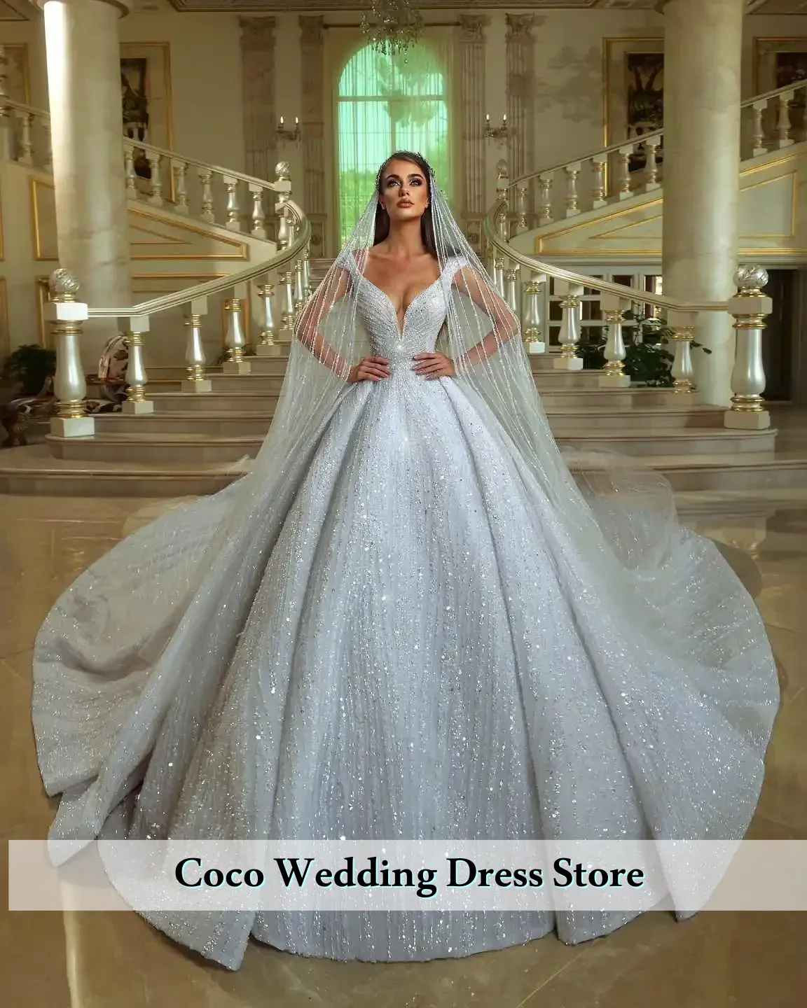 

Индивидуальное роскошное элегантное свадебное платье А-силуэта с V-образным вырезом, пайетками, бисером, без спинки, без рукавов, в пол, для невесты (Vestido De Noiva)