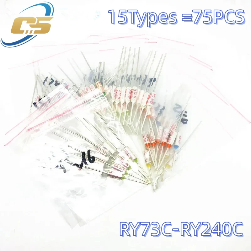 15 Values=75Pcs Assortment Kit Thermal Fuse 10A 250V Thermal Cutoffs 73C degree - 240C Degree Temperature Fuse Switch RY-113 240