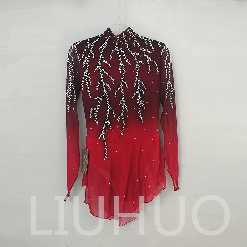 LIUHUO Ice Figure Skating Dress Girls Red Women Teens Stretchy Spandex Competition Wholesale