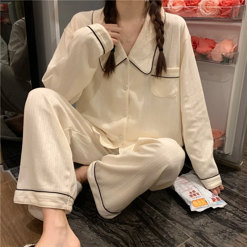 Autumn Winter New Soft Sleepwear Women\'s Lapel Button Cardigan 2 Piece Outfit Set Women Simple Solid Color Home Suit for Women