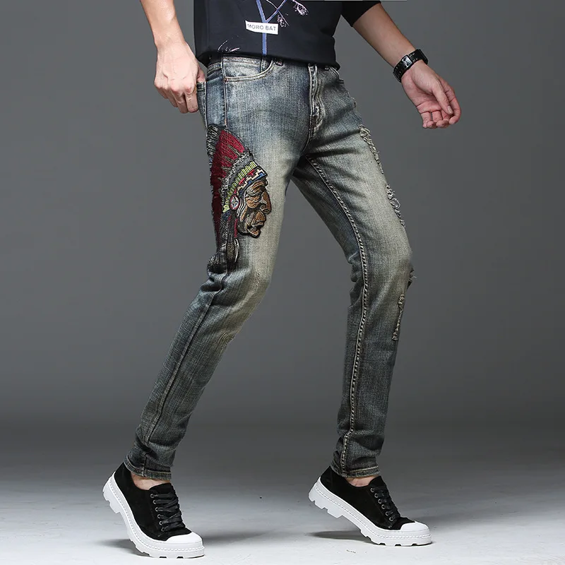 

High Quality Men’s Slim-fit Ripped Retro Blue Jeans,Light Luxury Embroidery Decorating Sexy Jeans,Stylish Street Fashion Jeans;