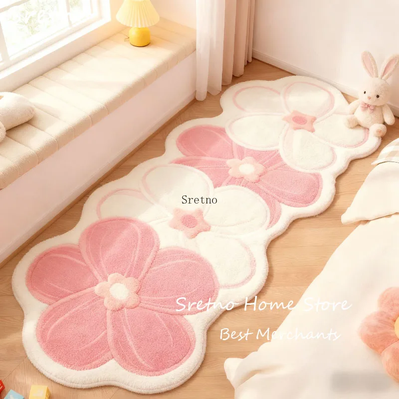 

SRETNO Extra Long Pink Plush Mat Cream Shaggy Mats Irregular Flower Shape Machine Washable Rugs for Bedroom Soft Bedside Mats