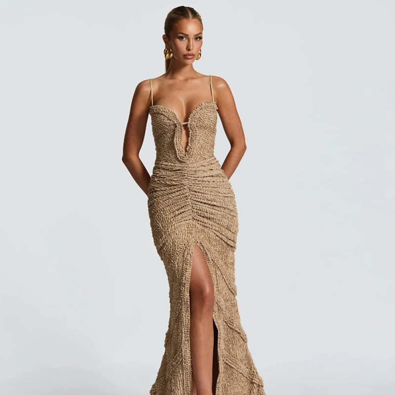 

Women 2026 Summer Autumn Maxi Long Dress Sexy Club Evening Party Dresses Spaghetti Strap V Neck Ruched Split Bodycon Vestidos