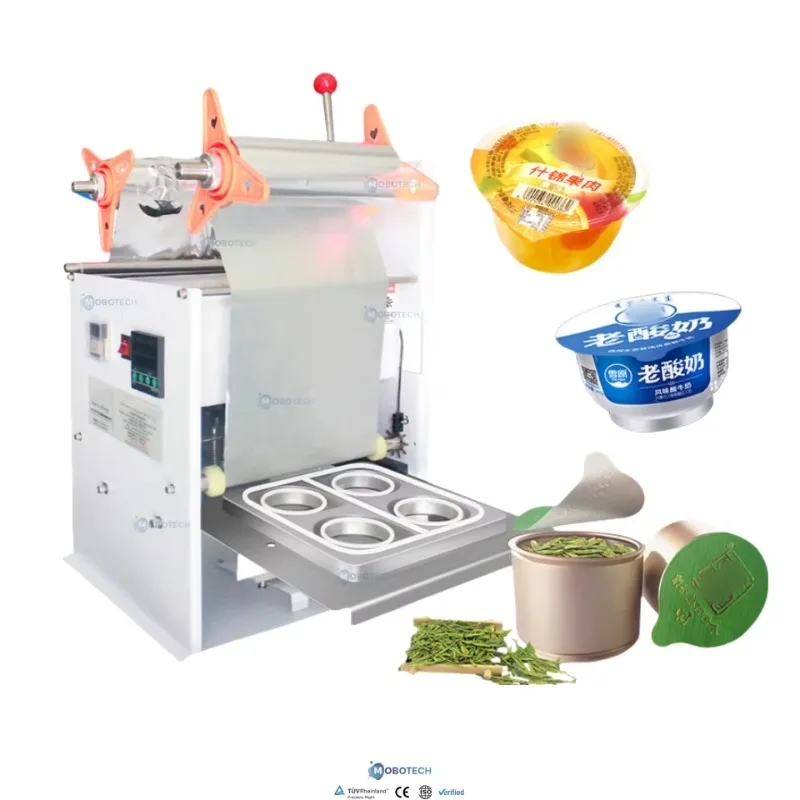 Automatic plastic film sealing machine for cups and bowls, ideal for milk tea soup and stewed chicken packaging