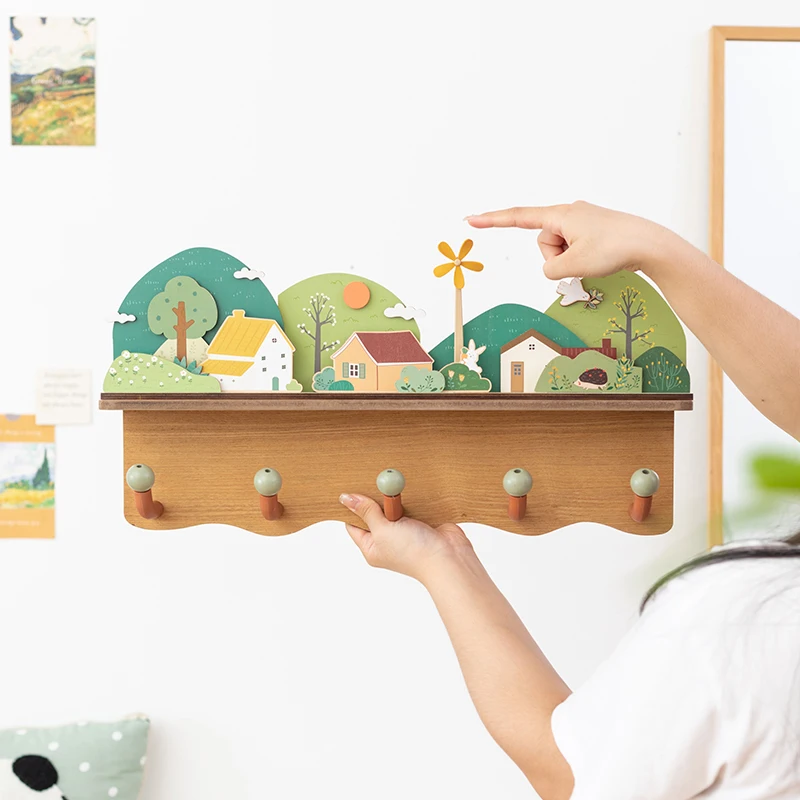 Japanese rural style wooden hooks, entry key storage rack, bag hooks, coat and hat hangers, cute wall decoration pendants