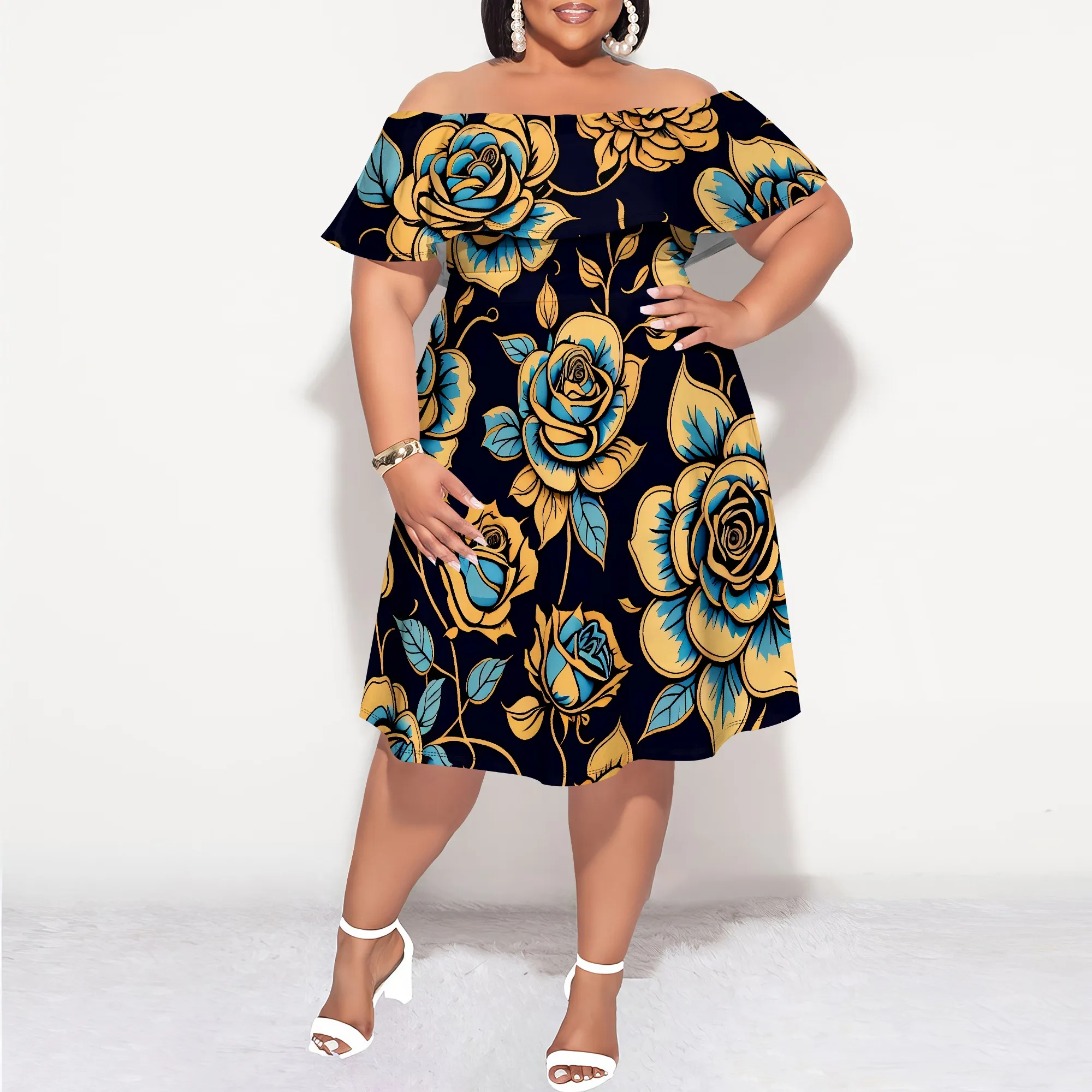

Plus Size Off Shoulder Short Sleeve Midi Dress Floral Rose Print Navy Blue Elegant Summer Party Casual Dress