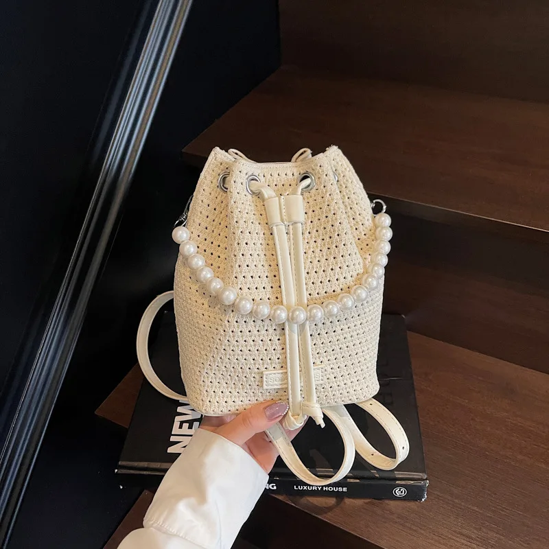 

New Woven Bucket Bag Women's Drawstring Design Beach Vacation Messenger Bag Casual Trend Shoulder