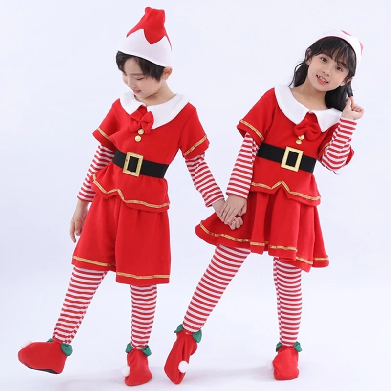 

Kids Child Christmas Cosplay Santa Claus Costume Baby X-Mas Outfit For Boys Girls New Year Red Elf Role Playing Outfit Full Set