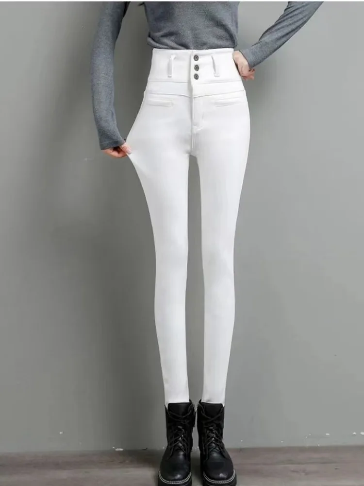 Plus Size 5XL High Waist Button Skinny Jeans White Black Pencil Pants Women Large Size Denim Leggings Leggings Slim Chic New