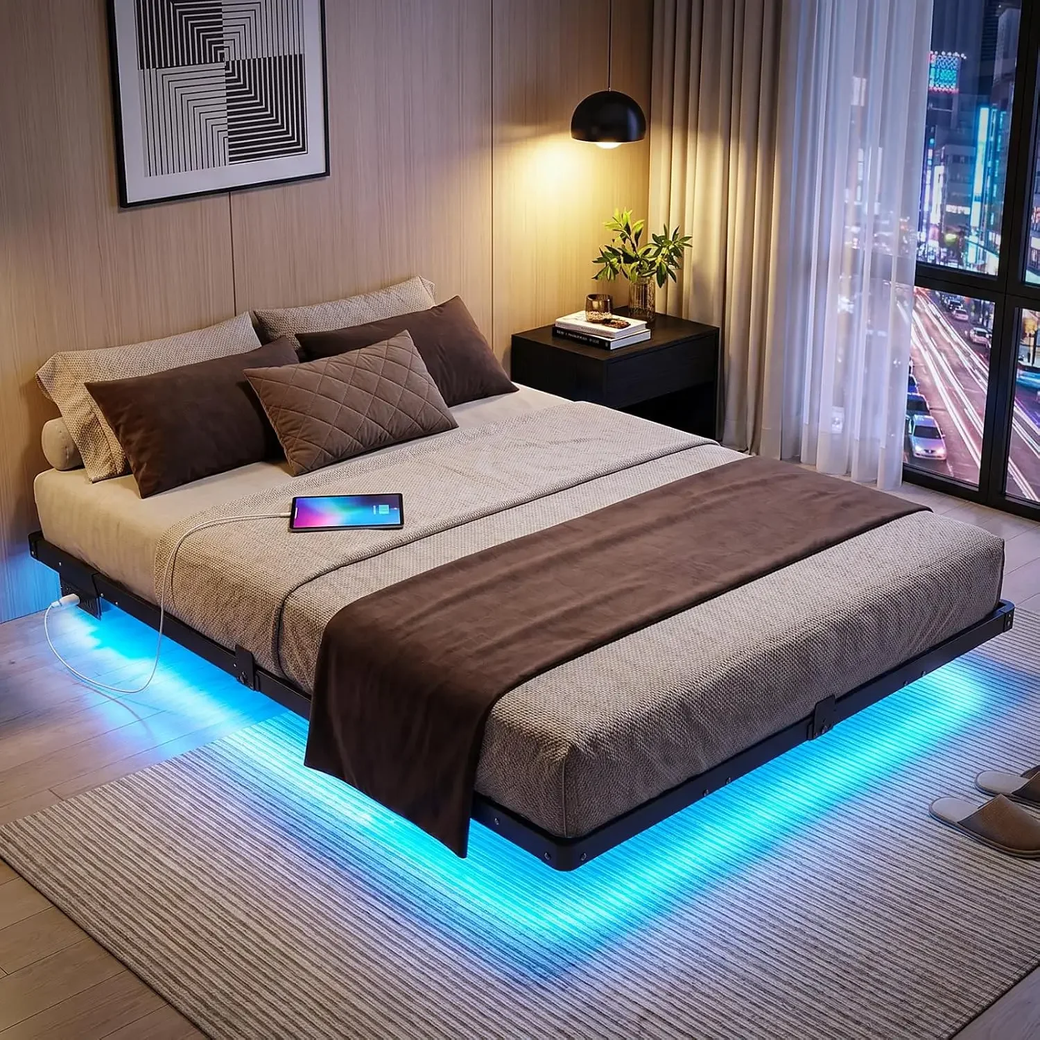 Queen Floating Bed Frame with Smart LED Lights, USB Charging Station | Sturdy Metal Platform Bed, Mattress Slide Stopper