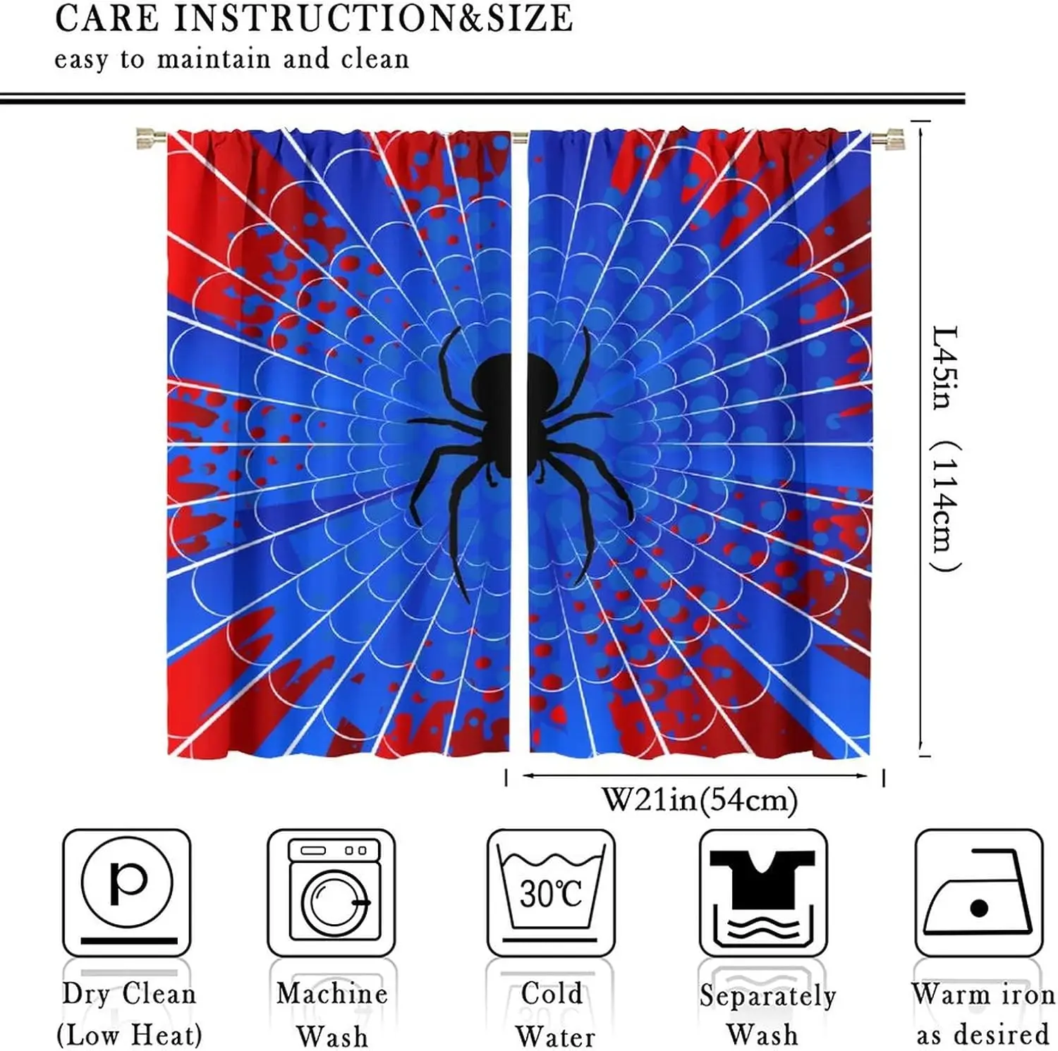 Superhero Spider Web Curtains,Blue Red Window Treatments for Kids Boy Bedroom Office Study Halloween Theme Spider Print Fabric