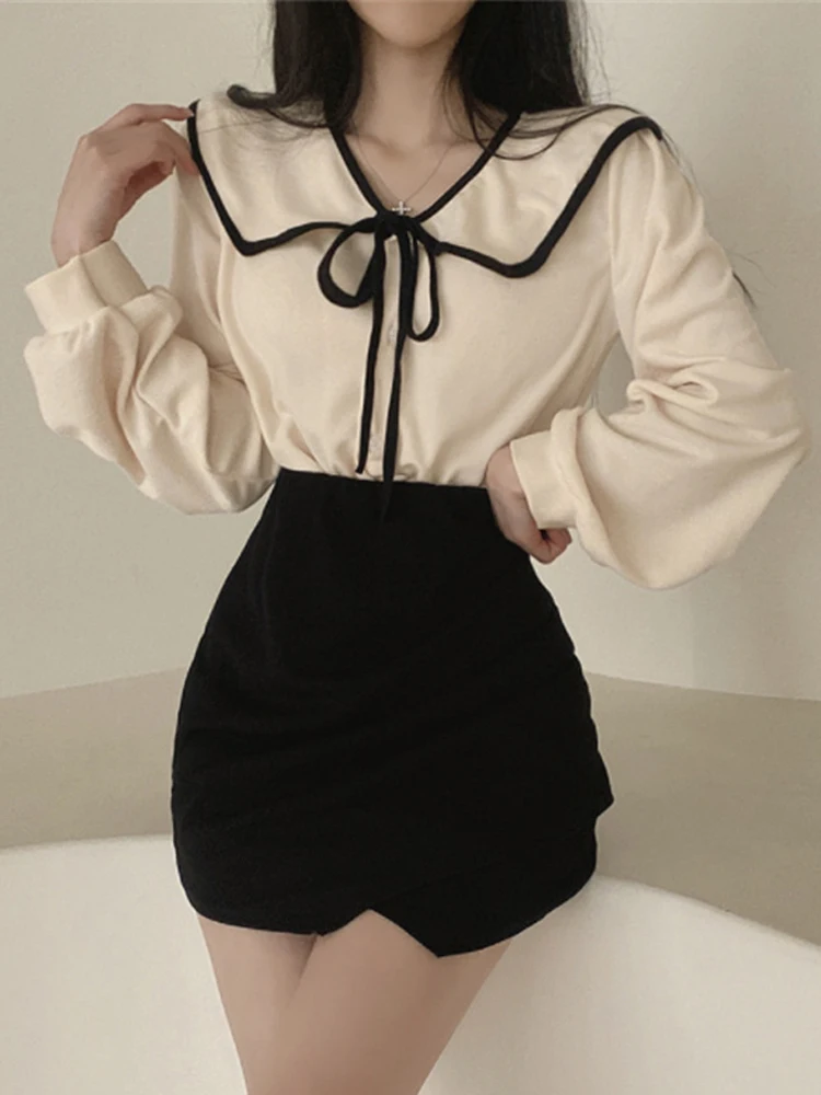 

White Shirt Women Autumn Long Sleeve Blouse Female Sweet Lace Up Doll Collar Tops Korean Style Elegant Single Breasted Blouses