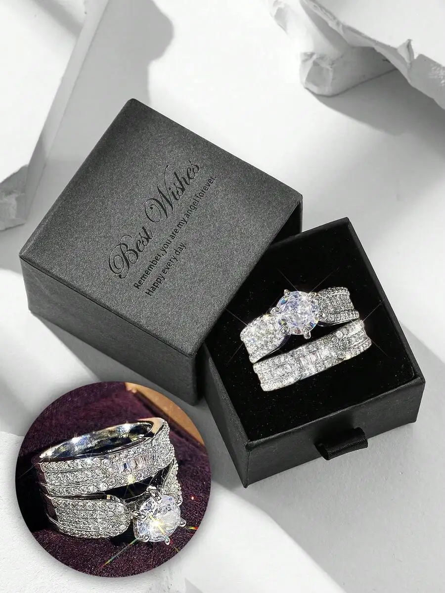 

2pcs Luxury Cubic Zirconia Ring Set Sparkling Wedding Band For Women Valentines Day Gift