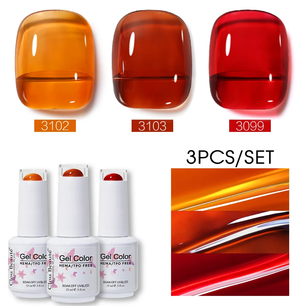 Clou Beaute 3pcs Ice-clear Jelly HEMA TPO FREE Light Pink Yellow Skin Nude Gel Nail Polish Semi-transparent Nail Art Kit Set