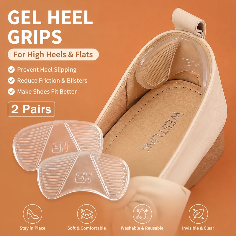 2Pairs Gel Heel Grips Self-adhesive Anti-Slip Heel Pads Blister Guard for Oversized Shoes Inserts Fit High Heels Flats Men Women