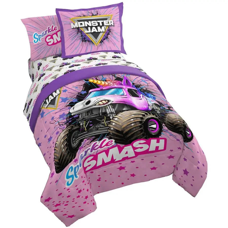 Franco Juego de edredón para niños Incluye sábanas y fundas de almohada Juego de cama suave y acogedor para decoración de habitaciones con estilo, Pink Monster Jam, 5 pi