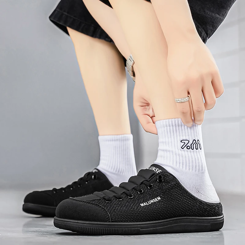 Fabric Mules Men Backless Casual Shoes Open-back Loafers Slippers Closed Toe Flat Sneakers Outdoor Half Shoes Slides Sandal