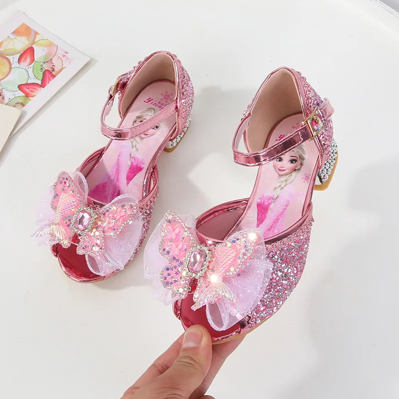 Disney Princess Butterfly Leather Shoes Frozen Elsa Kids Bowknot High Heel Children Girl Glitter Shoes Fashion Girls Party Shoe