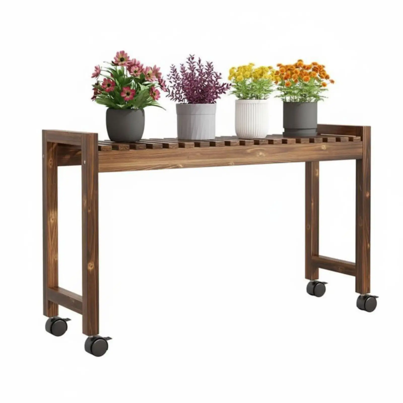 Solid Wood Flower Rack Carbonized Pine Plant Stand Display Shelf with Wheels for Living Room Balcony