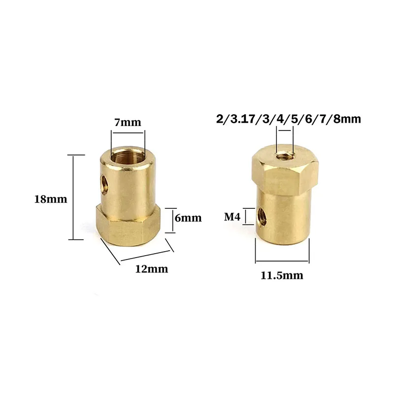 2Pcs 2/3.17/3/4~8mm Bore Motor Shaft Connectors,Brass Hex Shaft Coupling Flexible Connector for RC Motor Car Wheels Tires Shaft