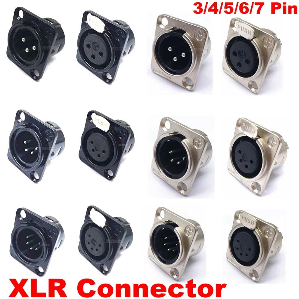 1pcs 3,4,5,6,7 pin Male/Female Black/Silver Metal Square XLR Speaker Panel mount socket Connector