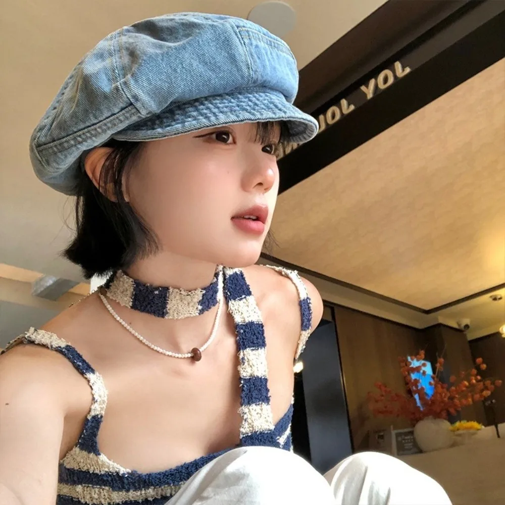 

Retro Vintage Washed Denim Beret Cloud Newsboy Octagonal Cap Visor Artist Peaked Hat Streetwear