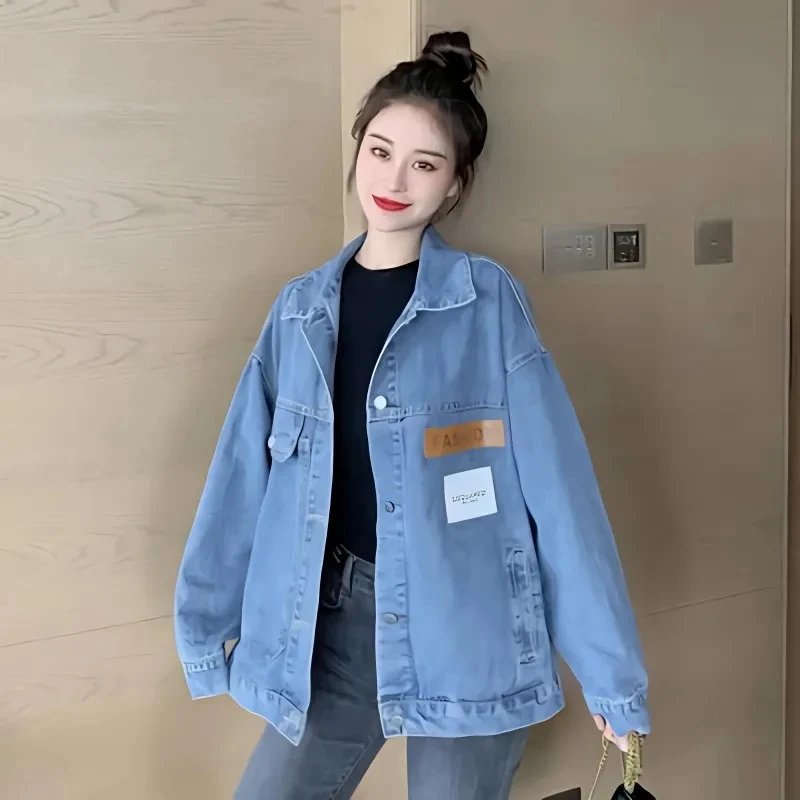 

Fried Street Denim Jacket Women's Outwear Spring Autumn 2024 New Korean Loose BF Double-Breasted Jeans Coat Tops Street Clothes