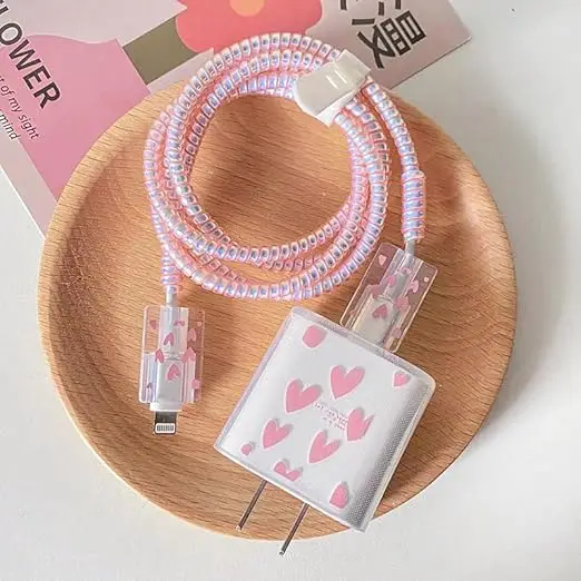 Cute Pink/Blue Hearts Cartoon Charger Case - Compatible for iPhone 18W/20W USB-C Power Adapter and Lightning Cable 3D Soft Case