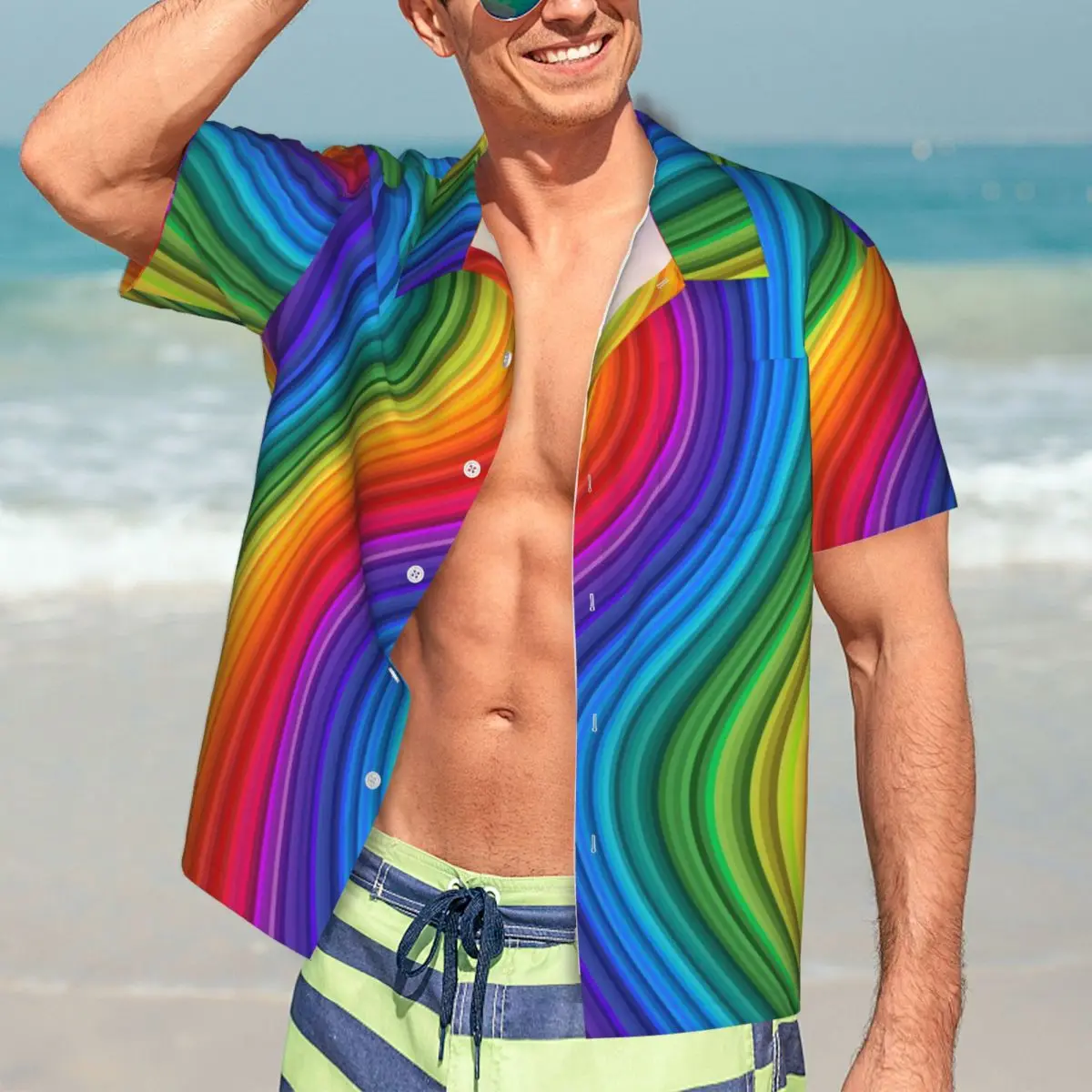 

Summer Shirt Beach Rainbow Wave Blouses Glittering Swirl Retro Casual Shirts Mens Short Sleeve Harajuku Clothing