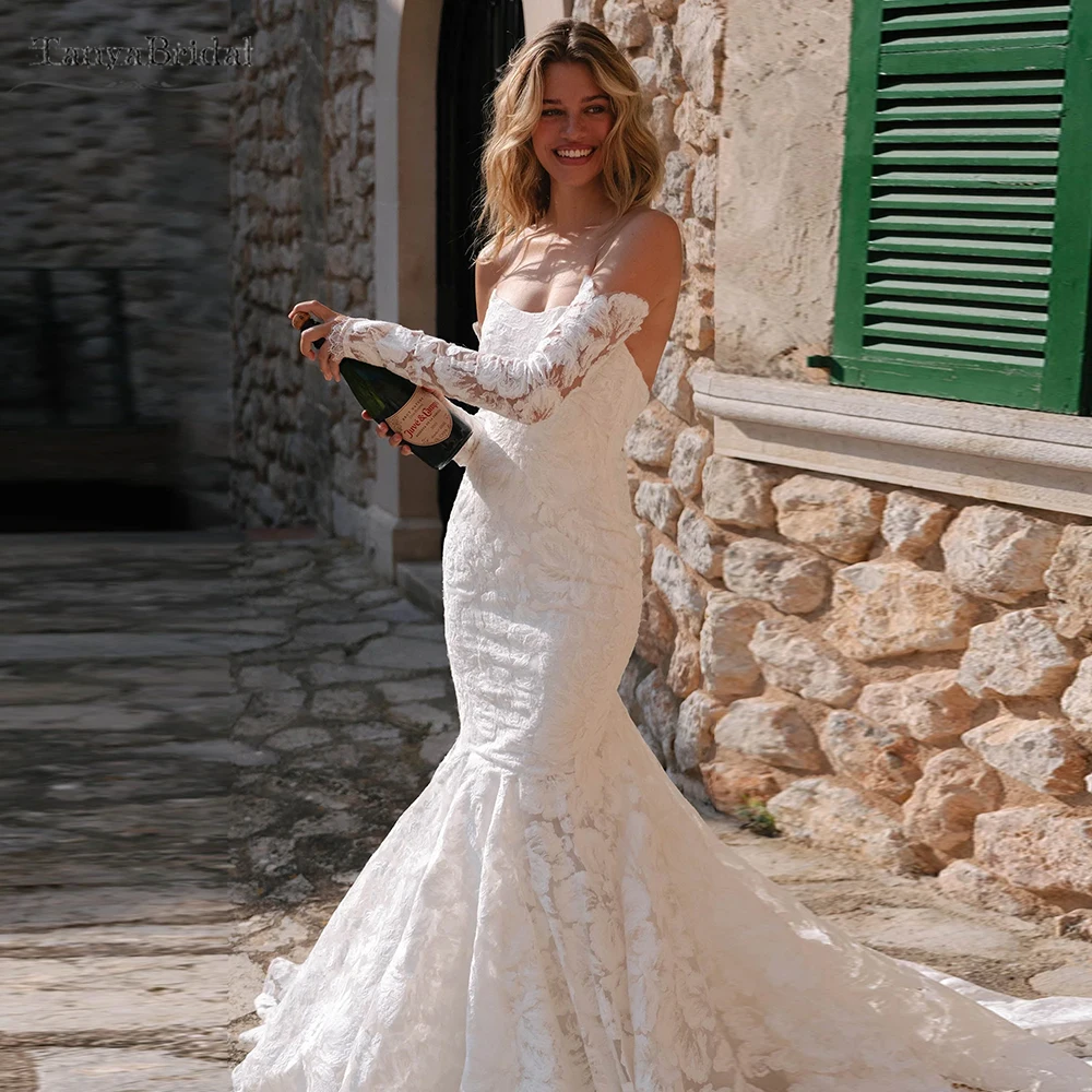 

Кружевное свадебное платье с цветочной вышивкой, свадебные платья русалки со съемными перчатками DW1102