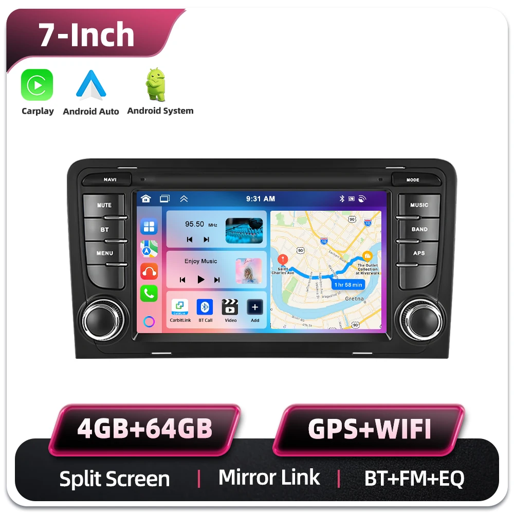 Podofo 7 Zoll 2 Din Autoradio Multimedia-Player für Audi A3 8P/A3 8P1 3-Türer Schrägheck/S3 8P/RS3 Sportback 6+128G HD Kapazitiver Touchscreen Kabelloses Carplay Android Auto Mirror Link