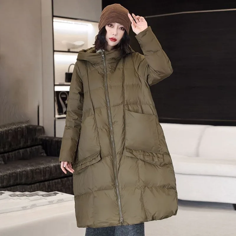 Jaqueta feminina de comprimento médio, Parkas, casaco solto, tamanho grande, outwear grosso, casaco com capuz slim fit, novo, inverno, 2023