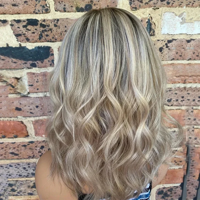 Balayage Ash Beige Blonde Highlight  Human Hair Lace Front Wigs Dark Roots
