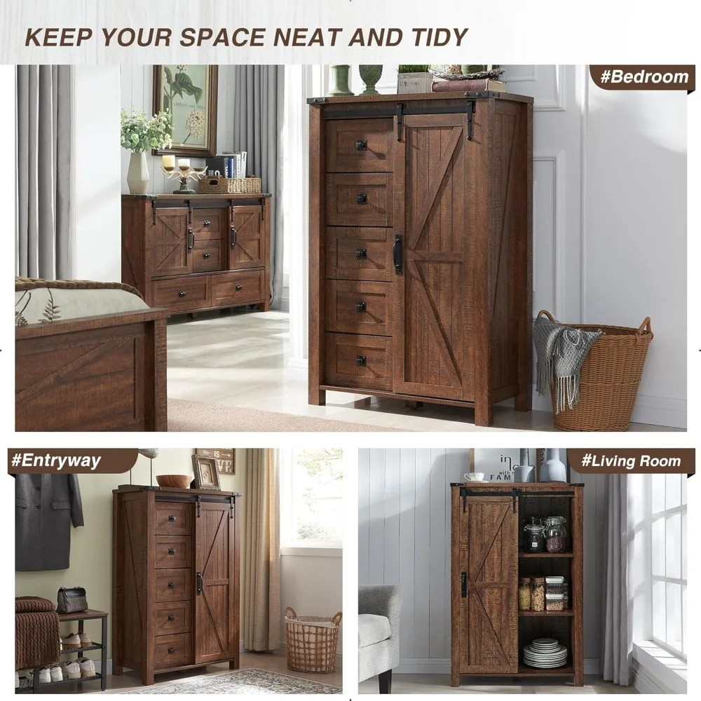 T4tream cômoda de 5 gavetas para quarto com porta deslizante de celeiro, cômoda moderna de fazenda alta 5 cômoda, organizador de armazenamento f