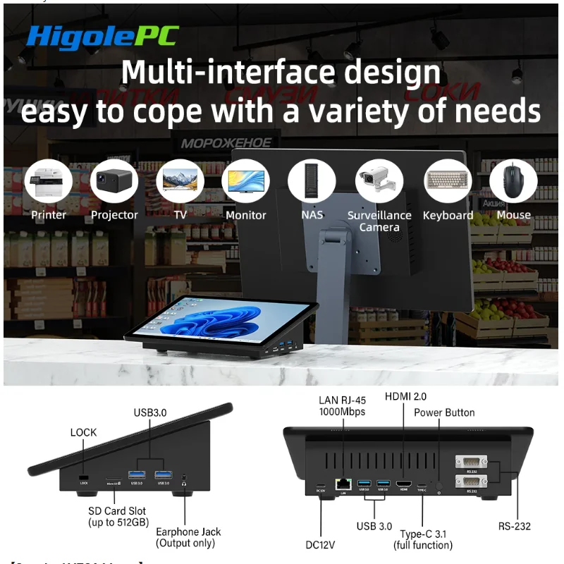 Higole F10 10.1 นิ้ว 800*1280 IPS 5 จุด mini PC Intel N5095 Win 11 WiFi5 DDR4 RJ-45 1000Mbps USB3.0 RS232 Type-C BT5.0 PC
